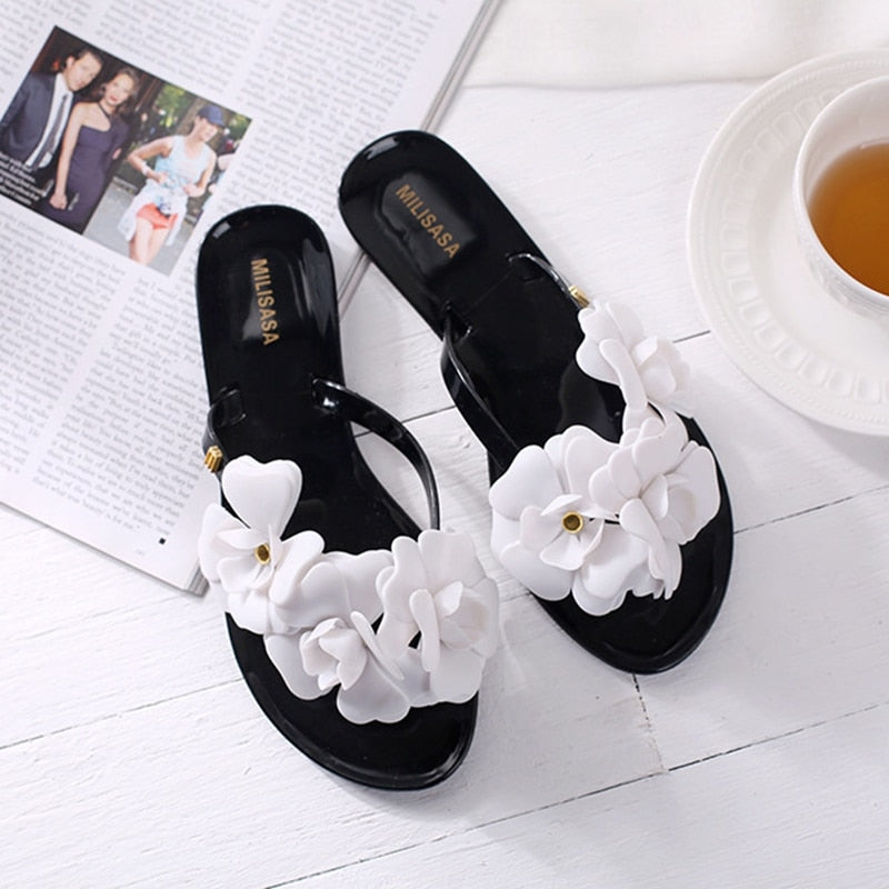 Camellia Jelly Slippers with Flowers for Women - Slippers Galore
