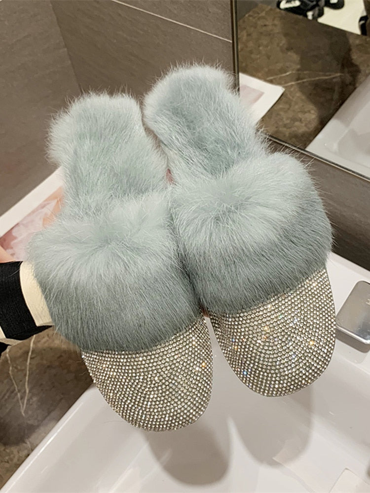 Womens Luxury Rhinestone Slippers with Faux-Fur - Slippers Galore