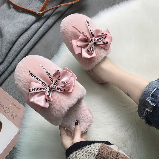 Faux-Fur Slippers with Satin Bow for Women