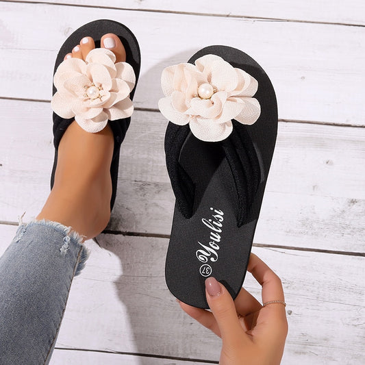 Summer Beach Style Thong Slippers for Women with Flower and Pearl - Slippers Galore