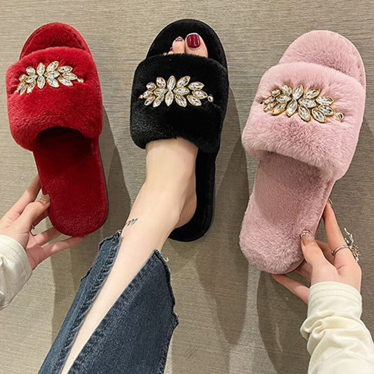 Women's Slippers with Crystal Flower Design - Slippers Galore