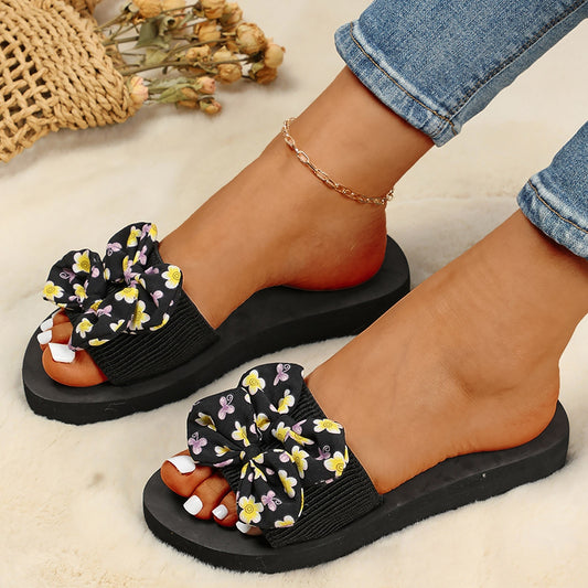 Summer Slippers for Women with Bohemian Flower Bow - Slippers Galore