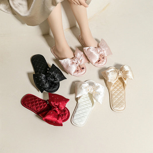 Satin Slippers for Women with Rhinestone Bow - Slippers Galore