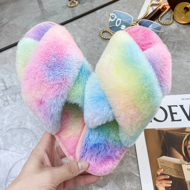 Women’s Faux-Fur Rainbow Colored Criss Cross Slippers