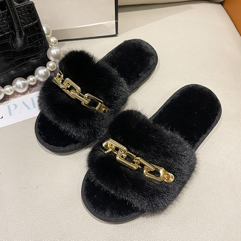 Faux-Fur Slippers with Gold Links for Women