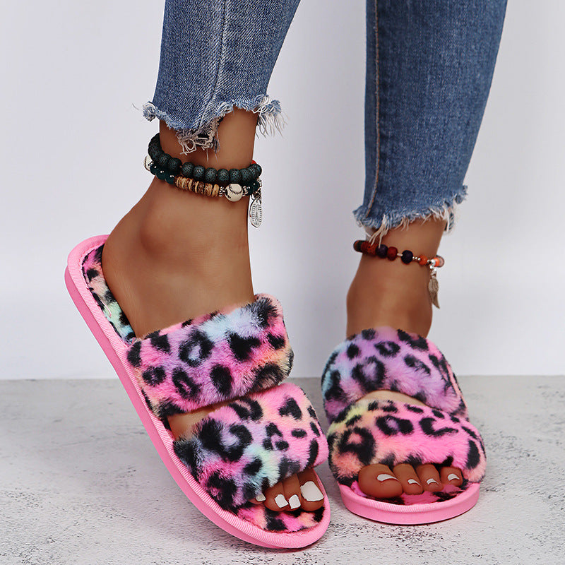 Plush Leopard Slippers for Women