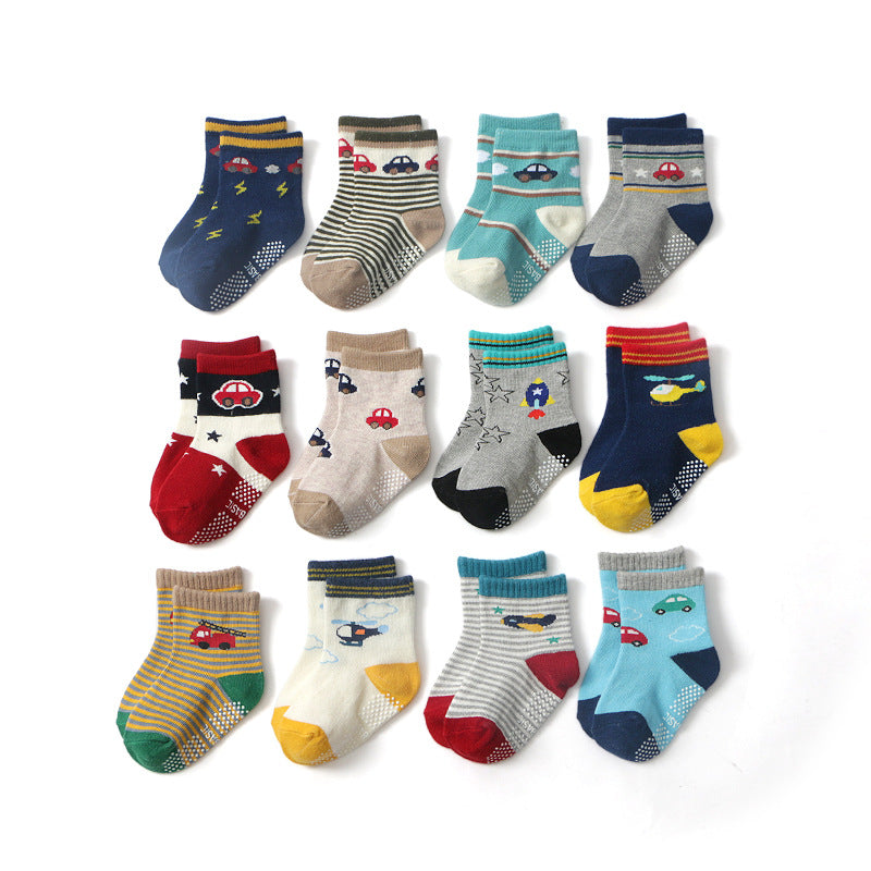 Jacquard Non-Slip Socks for Boys - 12 Pairs