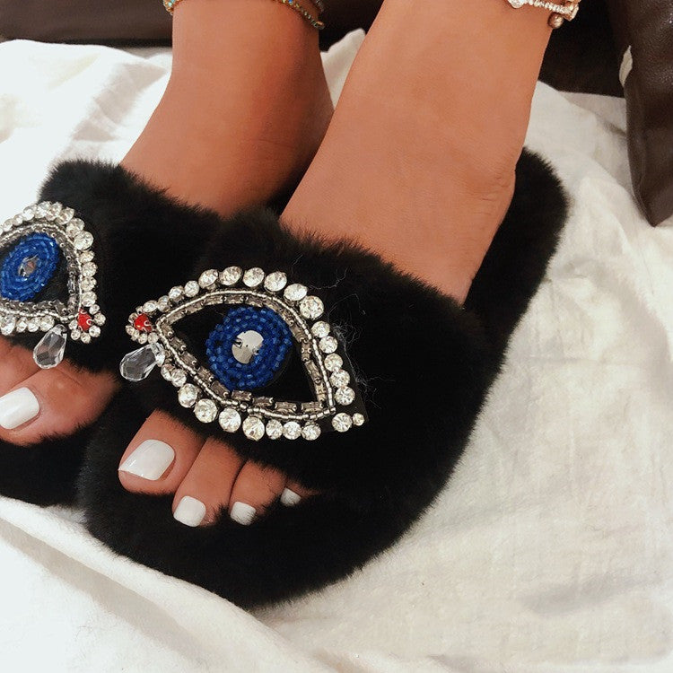 Faux-Fur Slippers for Women with Rhinestone Adorned Eye