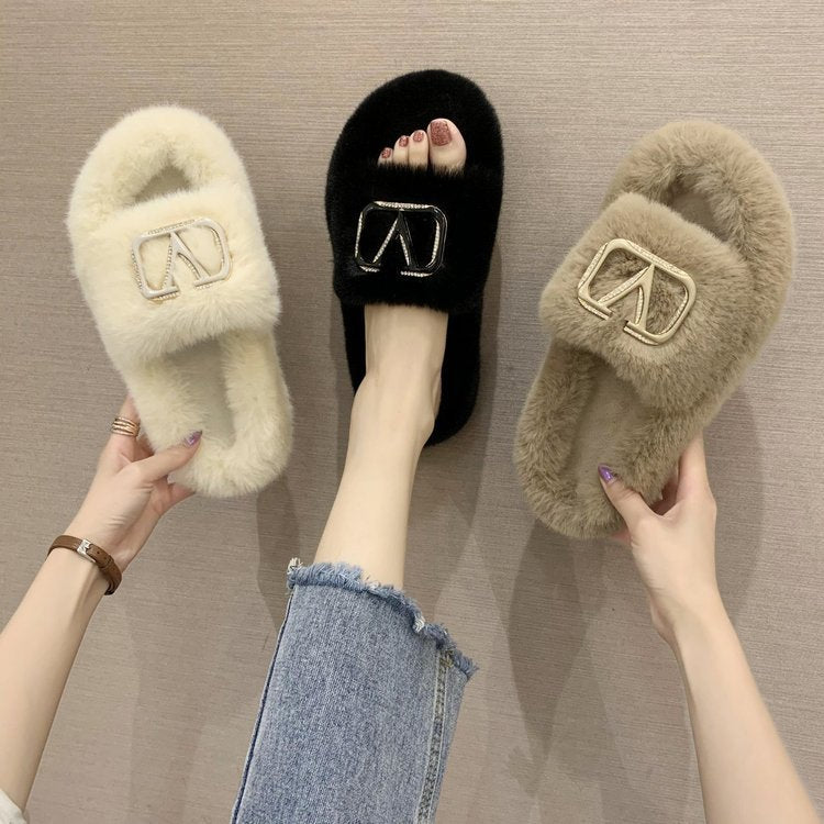 Plush Slippers with Metal Logo for Women