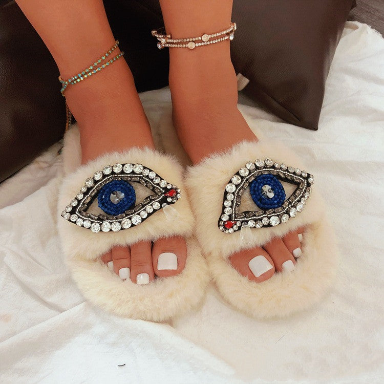 Faux-Fur Slippers for Women with Rhinestone Adorned Eye